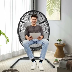 Tangkula Egg Chair with Stand, Hanging Egg Swing Chair with Removable Seat Cushion & Headrest