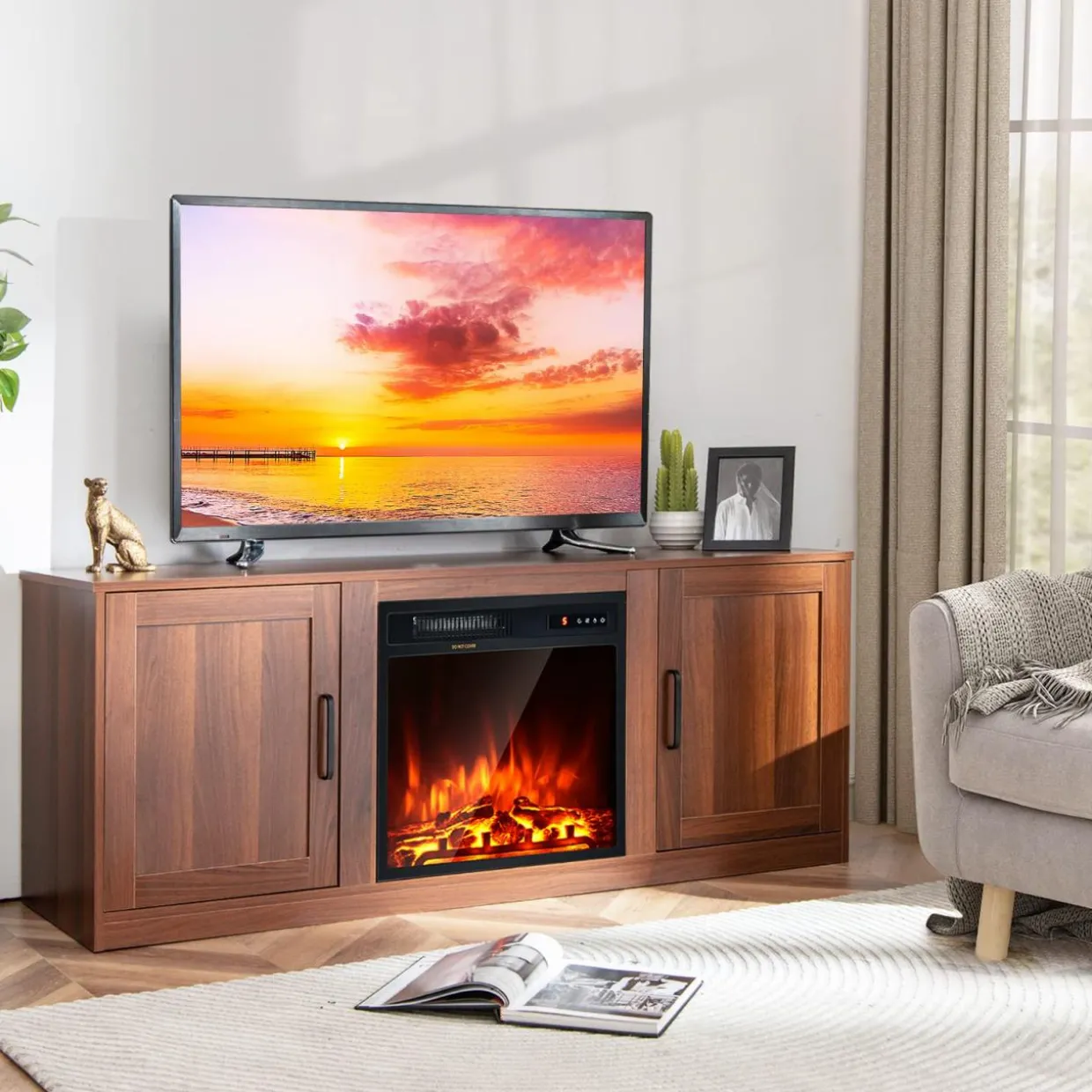 Tangkula Electric Fireplace TV Stand for TVs up to 65 Inch,with 18 Inch 1500W Faux Fireplace,Built-in Thermostat
