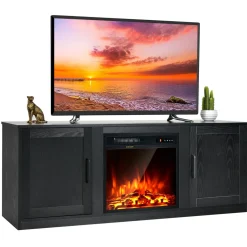 Tangkula Electric Fireplace TV Stand for TVs up to 65 Inch,with 18 Inch 1500W Faux Fireplace,Built-in Thermostat