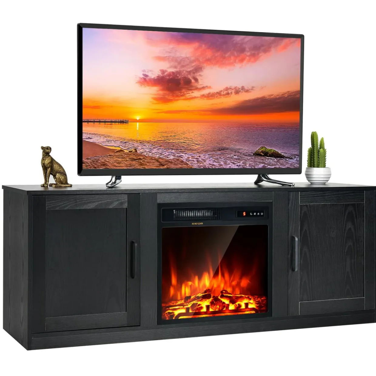 Tangkula Electric Fireplace TV Stand for TVs up to 65 Inch,with 18 Inch 1500W Faux Fireplace,Built-in Thermostat