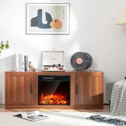 Tangkula Electric Fireplace TV Stand for TVs up to 65 Inch,with 18 Inch 1500W Faux Fireplace,Built-in Thermostat