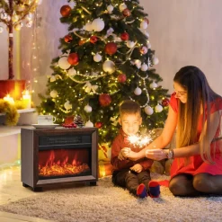 Tangkula Electric Fireplace Heater, 750W Mini Wooden Tabletop Fireplace with Realistic Flame