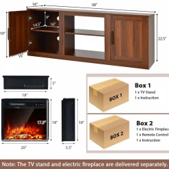 Tangkula Electric Fireplace TV Stand for TVs up to 65 Inch,with 18 Inch 1500W Faux Fireplace,Built-in Thermostat
