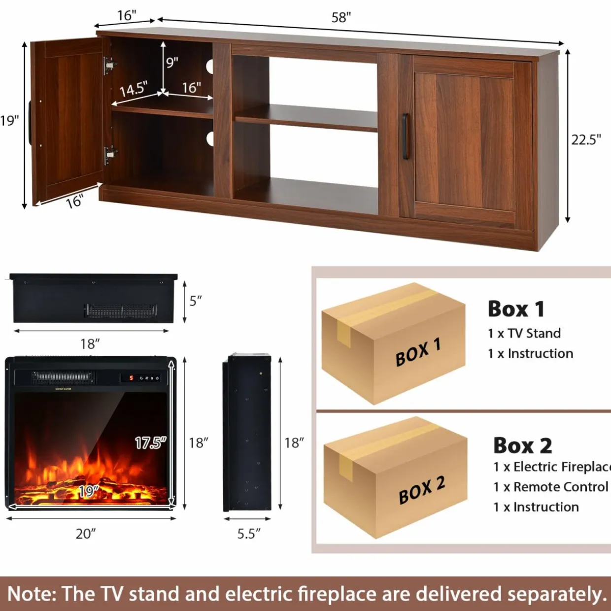 Tangkula Electric Fireplace TV Stand for TVs up to 65 Inch,with 18 Inch 1500W Faux Fireplace,Built-in Thermostat