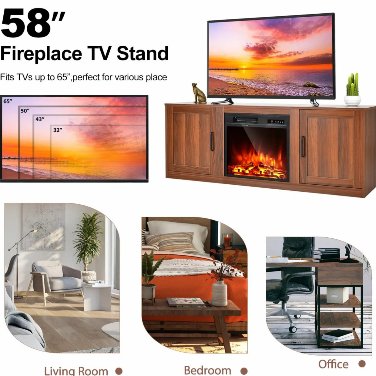 Tangkula Electric Fireplace TV Stand for TVs up to 65 Inch,with 18 Inch 1500W Faux Fireplace,Built-in Thermostat