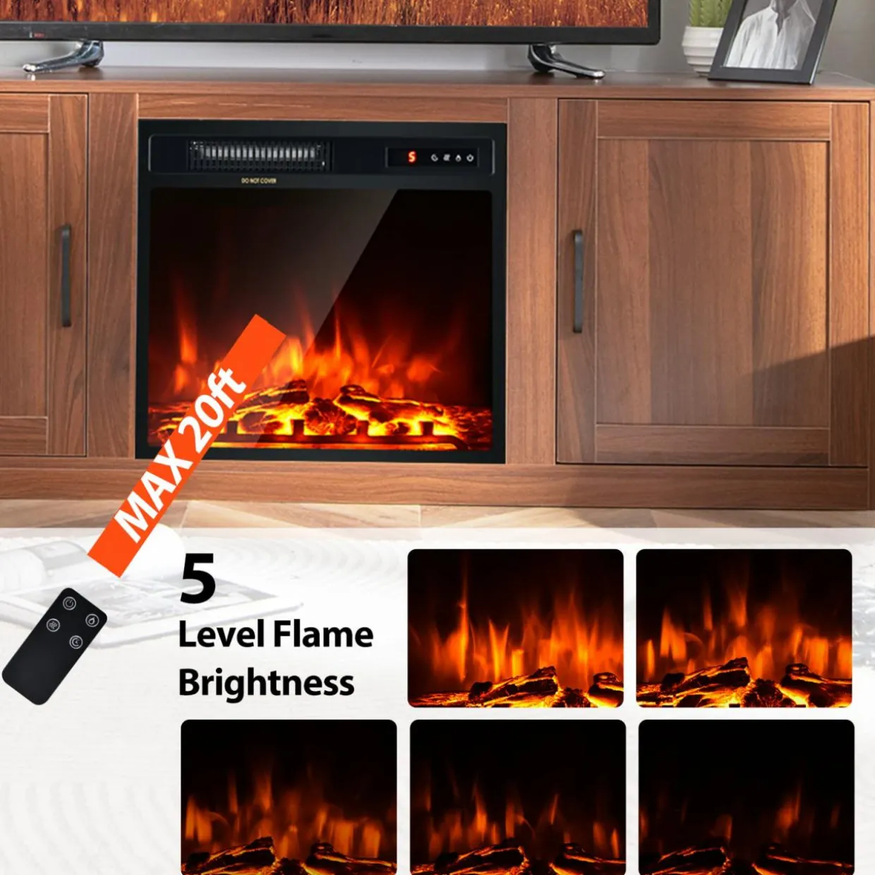 Tangkula Electric Fireplace TV Stand for TVs up to 65 Inch,with 18 Inch 1500W Faux Fireplace,Built-in Thermostat