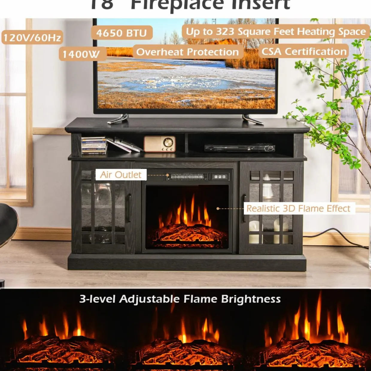 Tangkula Electric Fireplace TV Stand for TVs Up to 50 Inch, with 18 Inches 4777 BTU Fireplace Insert