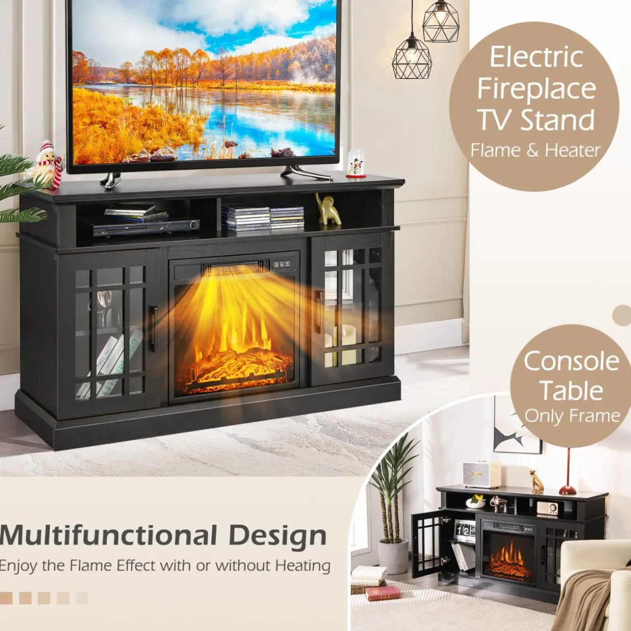 Tangkula Electric Fireplace TV Stand for TVs Up to 50 Inch, with 18 Inches 4777 BTU Fireplace Insert