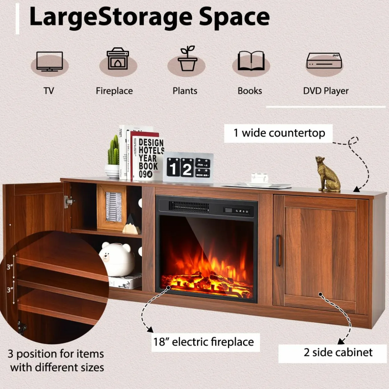 Tangkula Electric Fireplace TV Stand for TVs up to 65 Inch,with 18 Inch 1500W Faux Fireplace,Built-in Thermostat