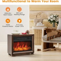 Tangkula Electric Fireplace Heater, 750W Mini Wooden Tabletop Fireplace with Realistic Flame