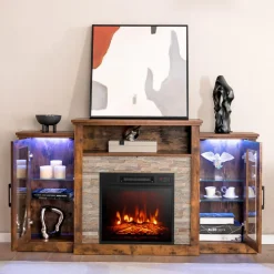 Tangkula Electric Fireplace TV Stand, Electric Fireplace Mantel with 16-Color Led Lights