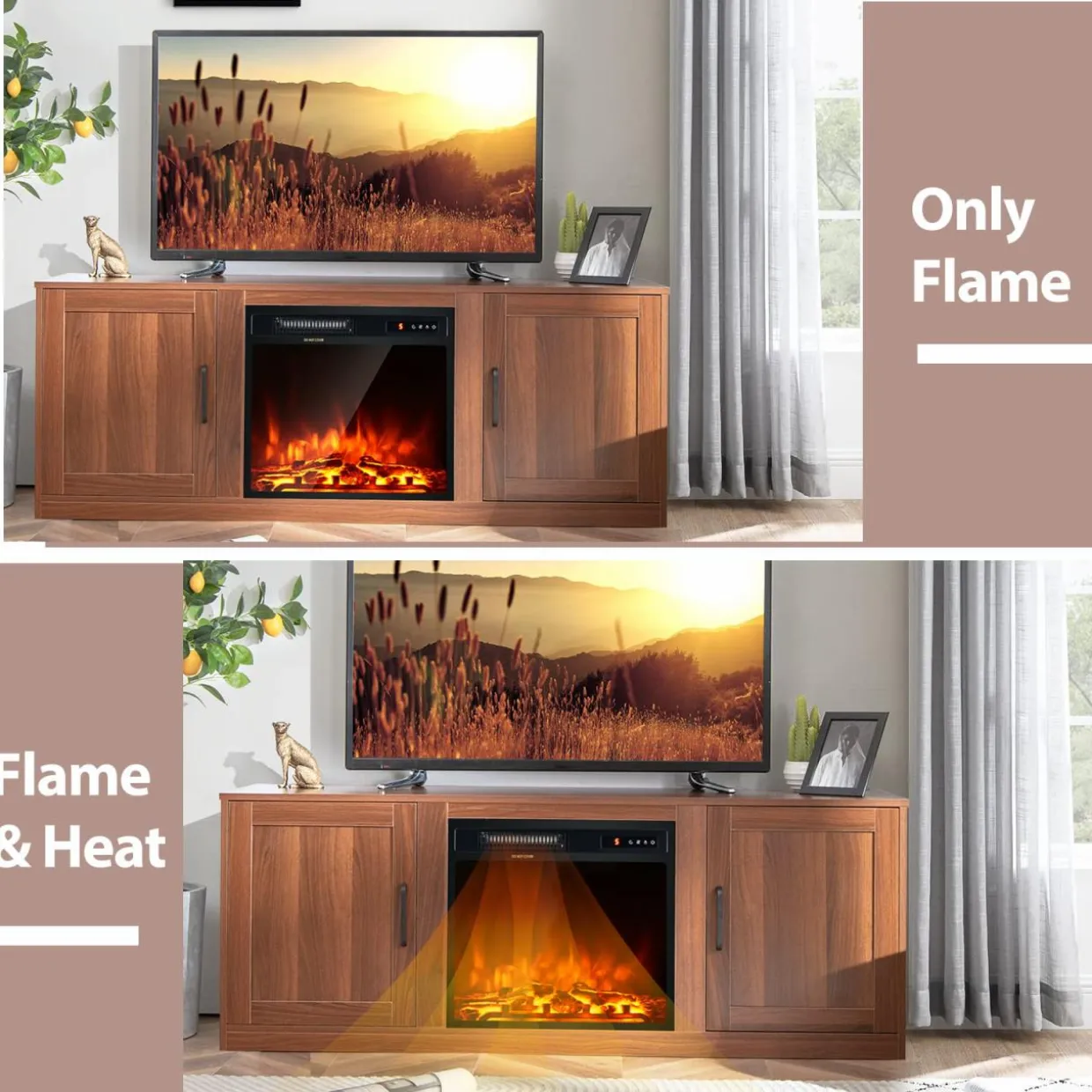 Tangkula Electric Fireplace TV Stand for TVs up to 65 Inch,with 18 Inch 1500W Faux Fireplace,Built-in Thermostat