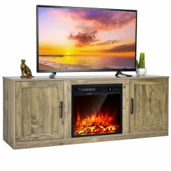 Tangkula Electric Fireplace TV Stand for TVs up to 65 Inch,with 18 Inch 1500W Faux Fireplace,Built-in Thermostat