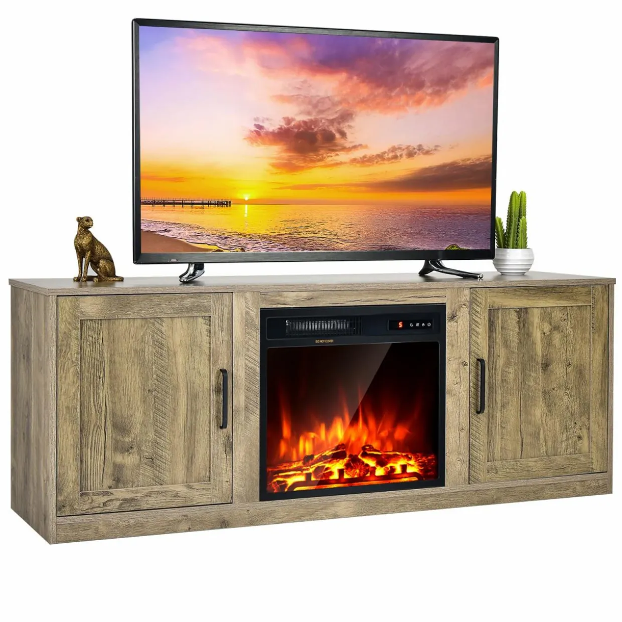 Tangkula Electric Fireplace TV Stand for TVs up to 65 Inch,with 18 Inch 1500W Faux Fireplace,Built-in Thermostat