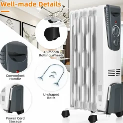 TANGKULA Electric Oil Heater, 1500W Oil Filled Radiator Heater w/ Tip-over and Overheating Protection