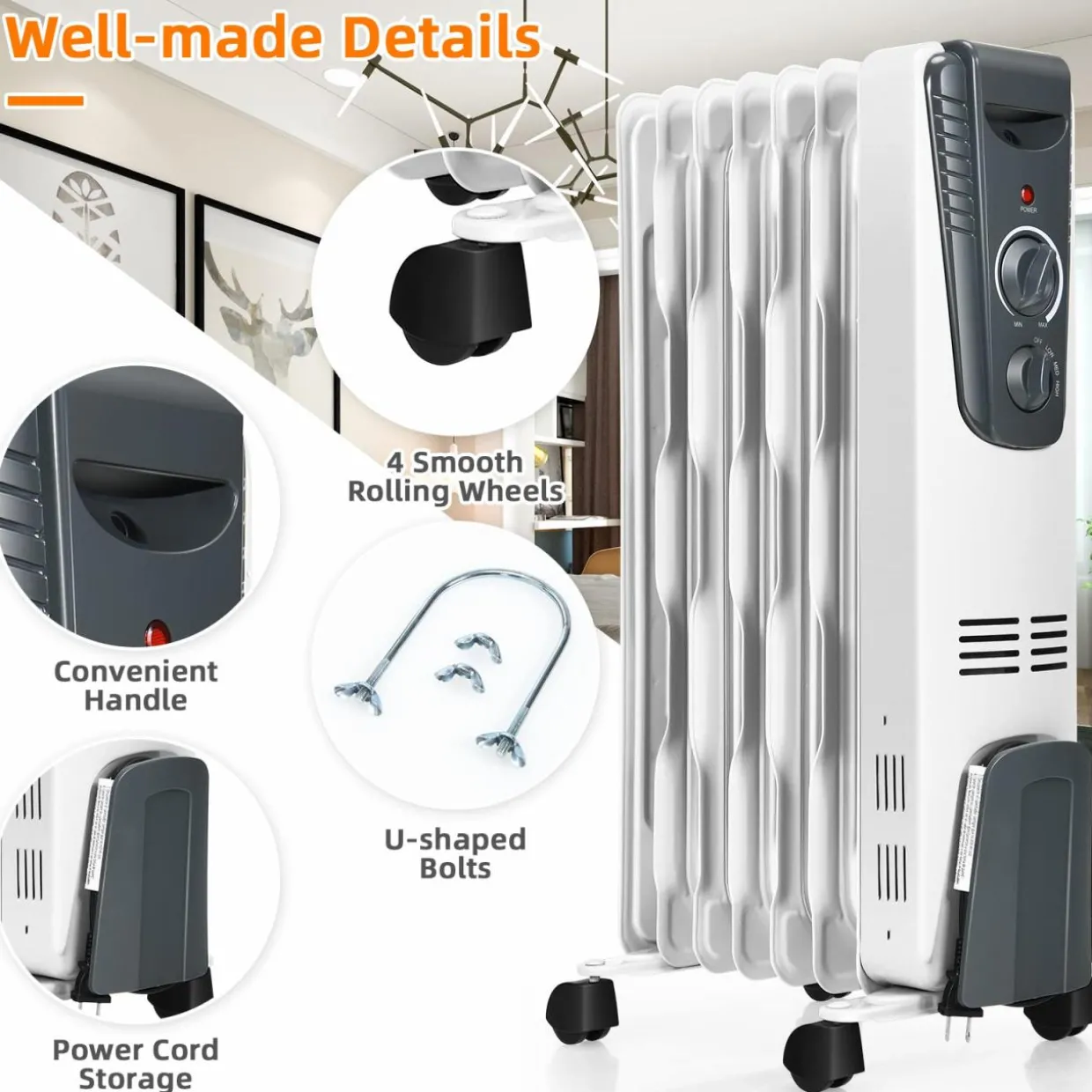 TANGKULA Electric Oil Heater, 1500W Oil Filled Radiator Heater w/ Tip-over and Overheating Protection