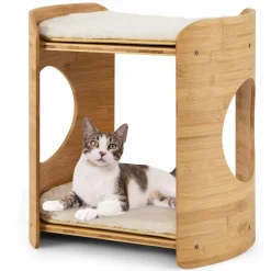 Tangkula Elevated Cat Bed for Indoor Cats, 2-Tier Cute Small Cat Tree Tower with Natural Bamboo Frame