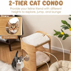 Tangkula Elevated Cat Bed for Indoor Cats, 2-Tier Cute Small Cat Tree Tower with Natural Bamboo Frame
