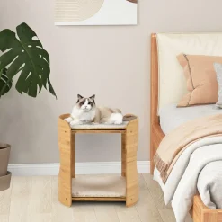 Tangkula Elevated Cat Bed for Indoor Cats, 2-Tier Cute Small Cat Tree Tower with Natural Bamboo Frame