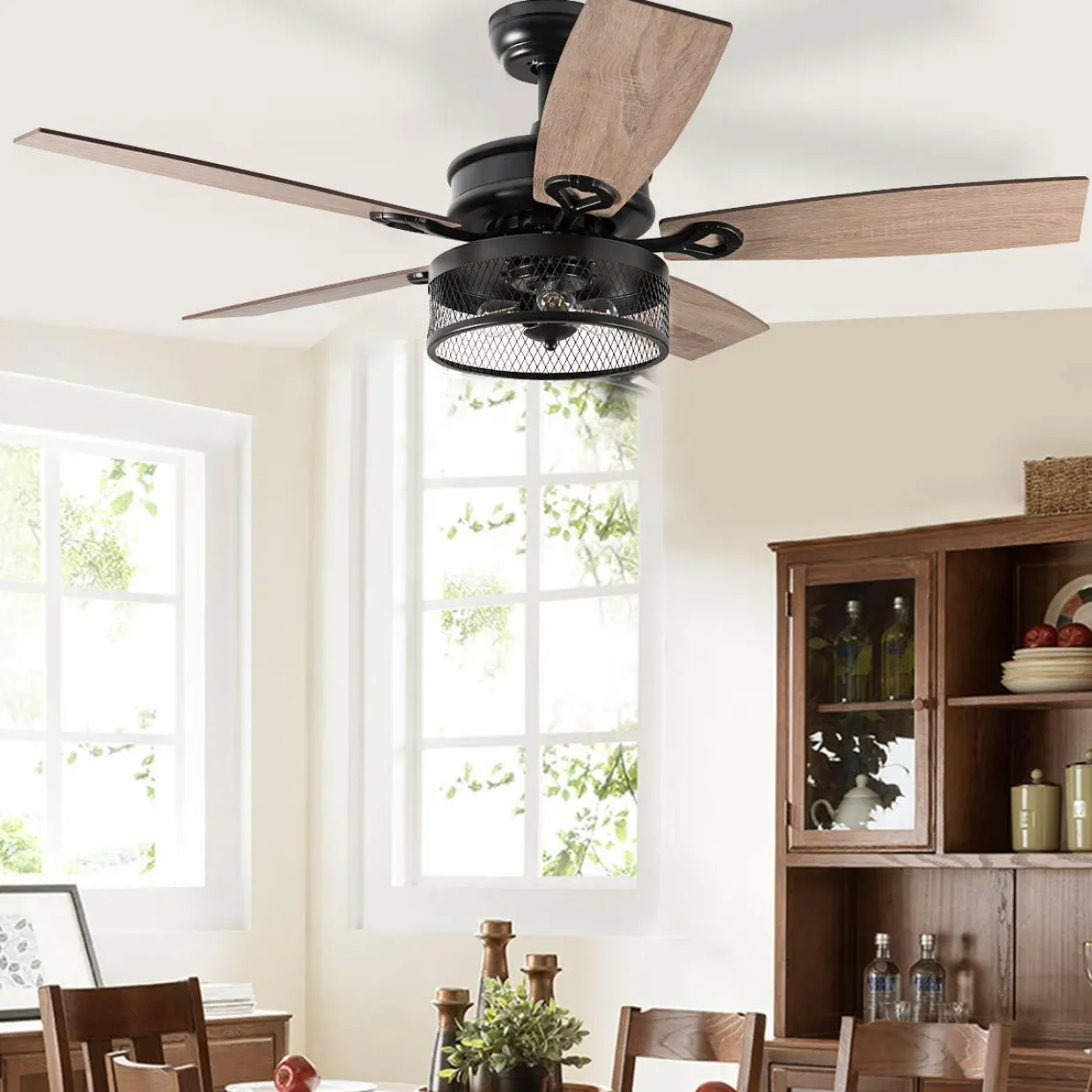 Tangkula Farmhouse Ceiling Fan with Light, Rustic LED Ceiling Fan with 3 Lights for Indoor, w/ 5 Iron Reversible Blades & Remote Control