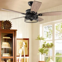 Tangkula Farmhouse Ceiling Fan with Light, Rustic LED Ceiling Fan with 3 Lights for Indoor, w/ 5 Iron Reversible Blades & Remote Control