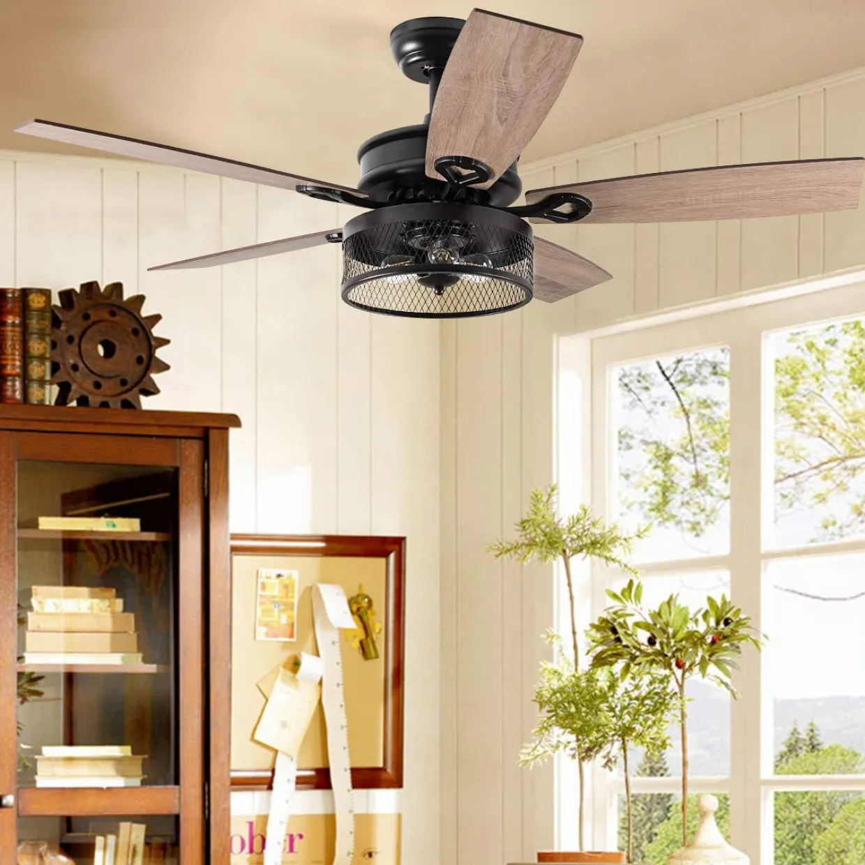 Tangkula Farmhouse Ceiling Fan with Light, Rustic LED Ceiling Fan with 3 Lights for Indoor, w/ 5 Iron Reversible Blades & Remote Control