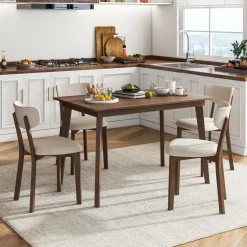 Tangkula Farmhouse Dining Table Set for 4, Dinette Set with Table & 4 Padded Seat, Rubber Wood Legs, Curved Backrest