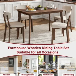 Tangkula Farmhouse Dining Table Set for 4, Dinette Set with Table & 4 Padded Seat, Rubber Wood Legs, Curved Backrest