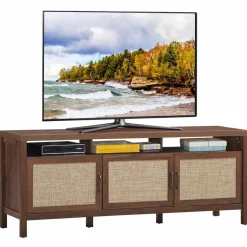 Tangkula Farmhouse Rattan TV Stand, 62 Inches Modern Boho Entertainment Center for TVs up to 65/70 Inches