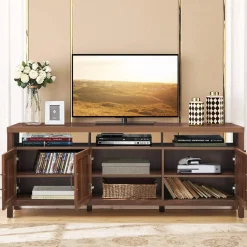 Tangkula Farmhouse Rattan TV Stand, 62 Inches Modern Boho Entertainment Center for TVs up to 65/70 Inches