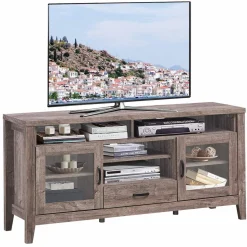 Tangkula Farmhouse Tall TV Stand, Retro Wood Universal Stand for TV's up to 65" Flat Screen, with 2 Glass Door Cabinets