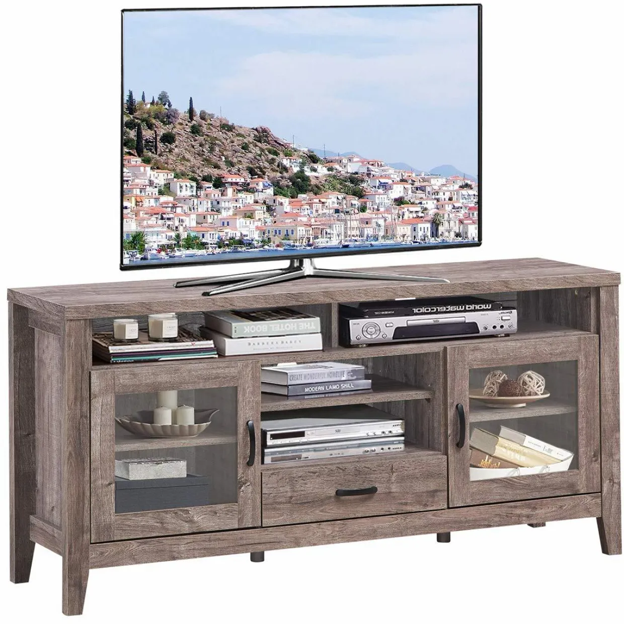 Tangkula Farmhouse Tall TV Stand, Retro Wood Universal Stand for TV's up to 65" Flat Screen, with 2 Glass Door Cabinets