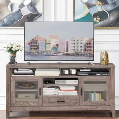 Tangkula Farmhouse Tall TV Stand, Retro Wood Universal Stand for TV's up to 65" Flat Screen, with 2 Glass Door Cabinets