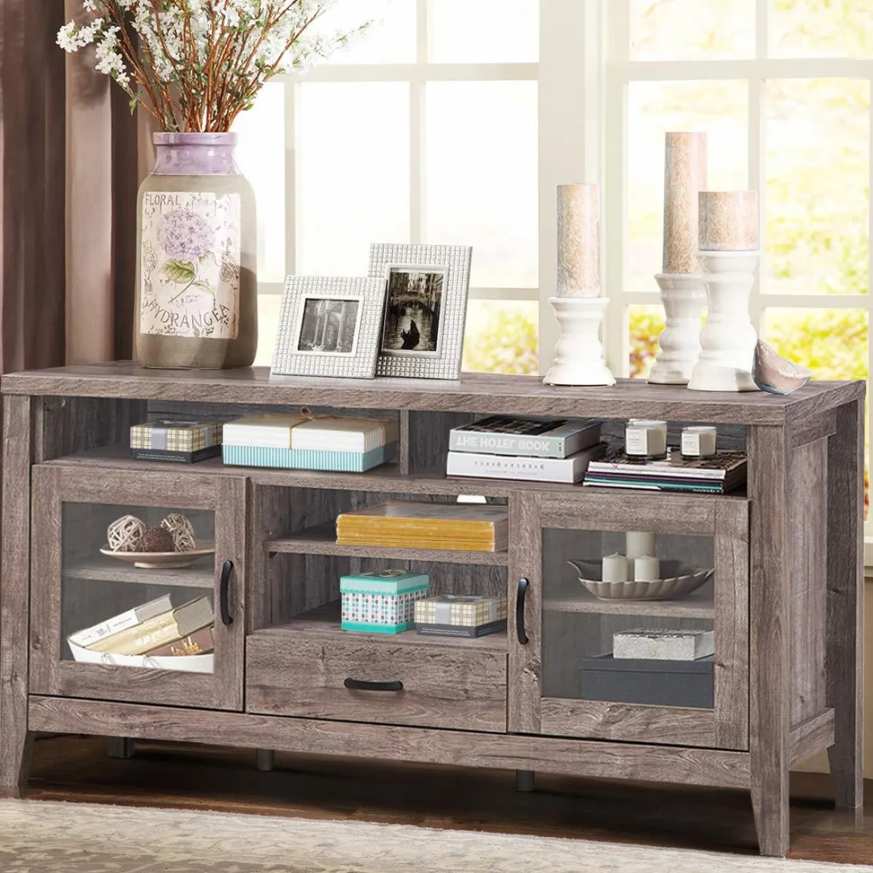 Tangkula Farmhouse Tall TV Stand, Retro Wood Universal Stand for TV's up to 65" Flat Screen, with 2 Glass Door Cabinets
