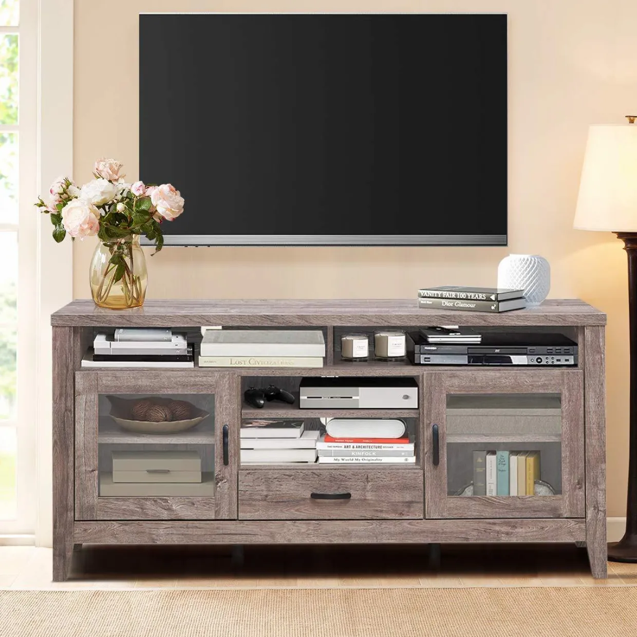 Tangkula Farmhouse Tall TV Stand, Retro Wood Universal Stand for TV's up to 65" Flat Screen, with 2 Glass Door Cabinets