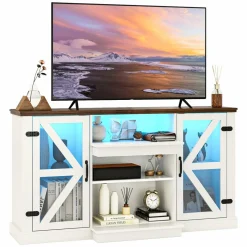 Tangkula Farmhouse TV Stand for TV up to 65 Inch, 58”L Tall Media Entertainment Center with 20 Color Led Lights
