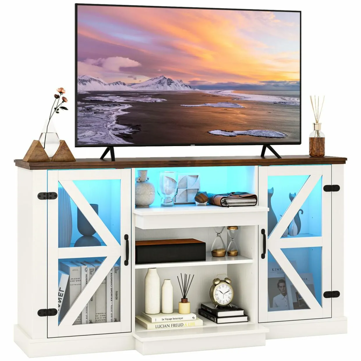 Tangkula Farmhouse TV Stand for TV up to 65 Inch, 58”L Tall Media Entertainment Center with 20 Color Led Lights