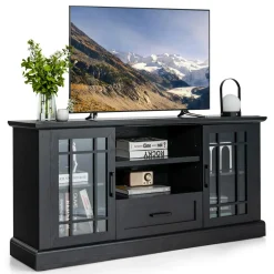 Tangkula Farmhouse TV Stand for TV up to 70 Inch, Tall Media Console Table with 2 Glass Doors
