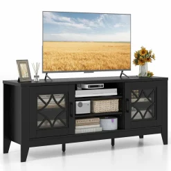 Tangkula Farmhouse TV Stand for TVs Up to 65-in, Classic Media Entertainment Center w/Glass Door Cabinets & 4 Adjustable Shelves