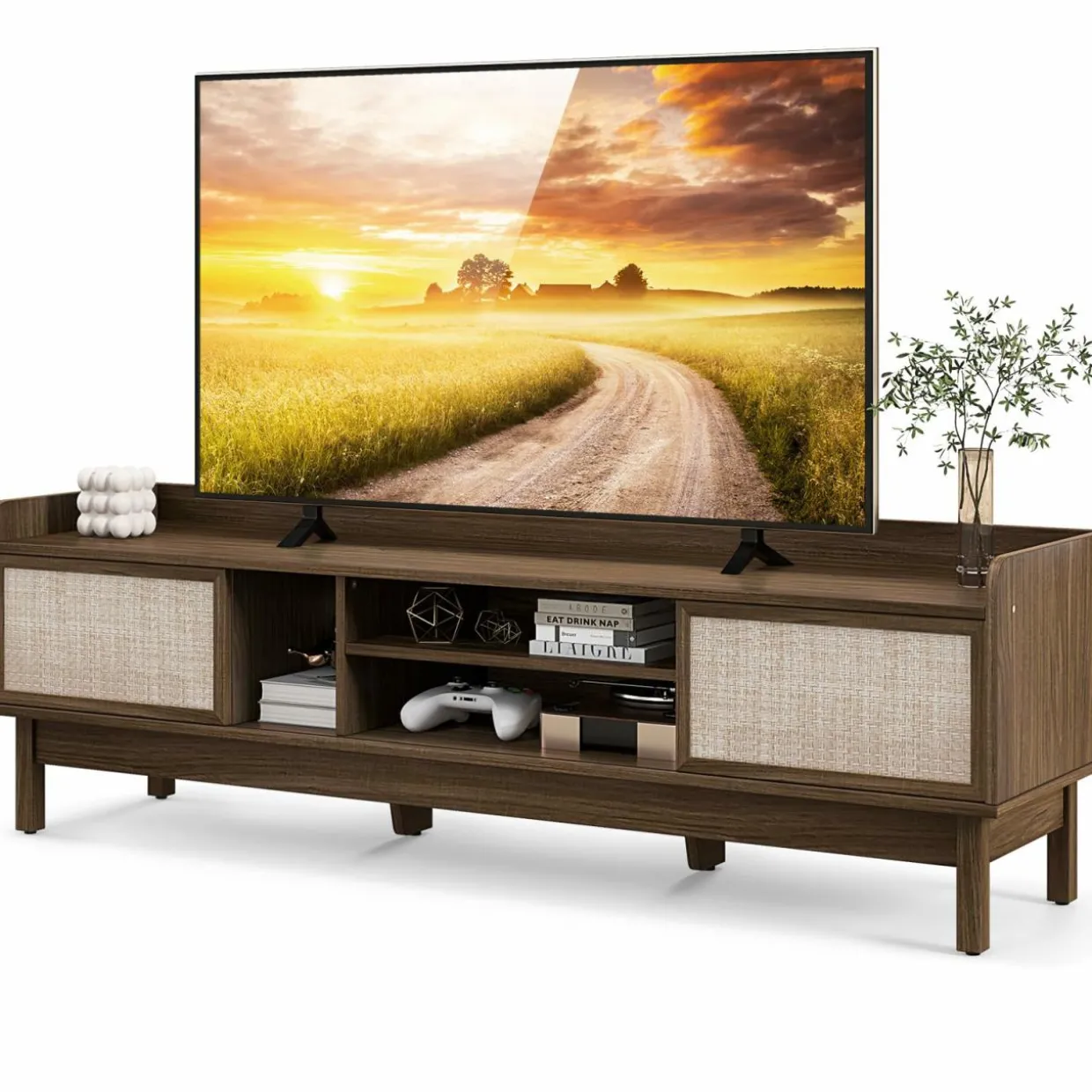 Tangkula Farmhouse TV Stand for TVs up to 65”, Mid Century Modern TV Console Table w/Storage (Walnut, 59”L, up to 65"TV)