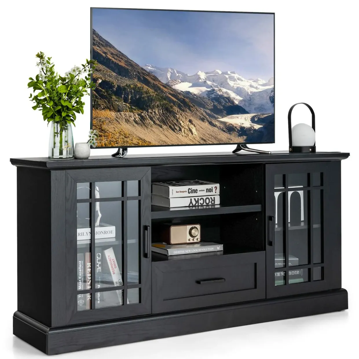 Tangkula Farmhouse TV Stand for TV up to 70 Inch, Tall Media Console Table with 2 Glass Doors