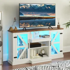Tangkula Farmhouse TV Stand for TV up to 65 Inch, 58”L Tall Media Entertainment Center with 20 Color Led Lights