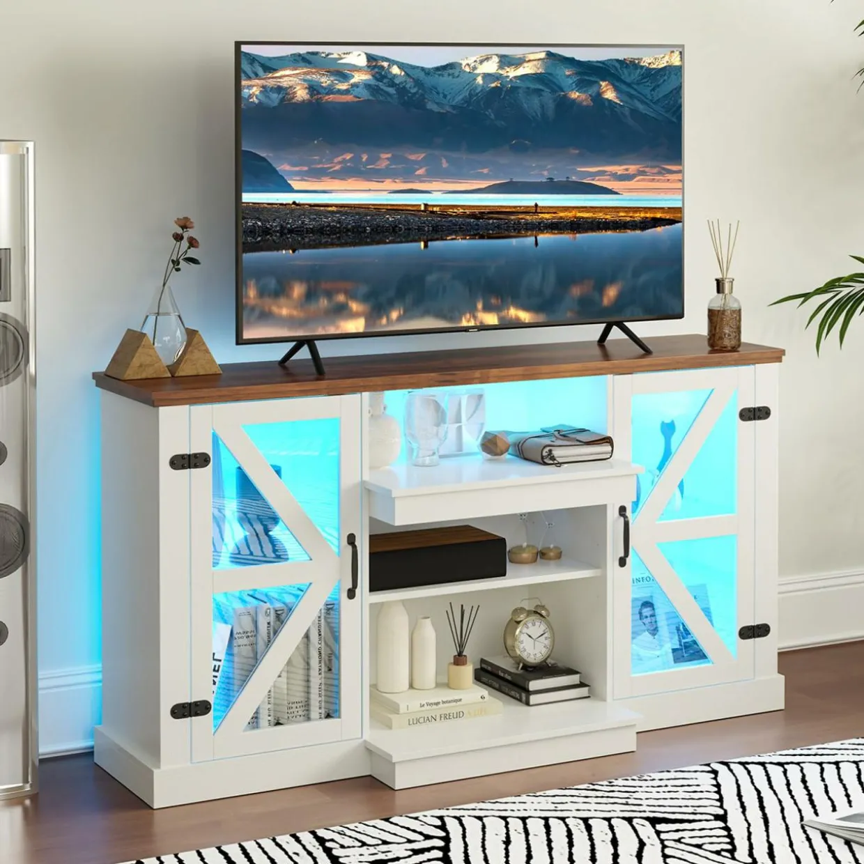 Tangkula Farmhouse TV Stand for TV up to 65 Inch, 58”L Tall Media Entertainment Center with 20 Color Led Lights