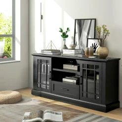Tangkula Farmhouse TV Stand for TV up to 70 Inch, Tall Media Console Table with 2 Glass Doors