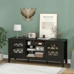 Tangkula Farmhouse TV Stand for TVs Up to 65-in, Classic Media Entertainment Center w/Glass Door Cabinets & 4 Adjustable Shelves