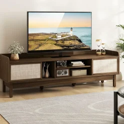 Tangkula Farmhouse TV Stand for TVs up to 65”, Mid Century Modern TV Console Table w/Storage (Walnut, 59”L, up to 65"TV)