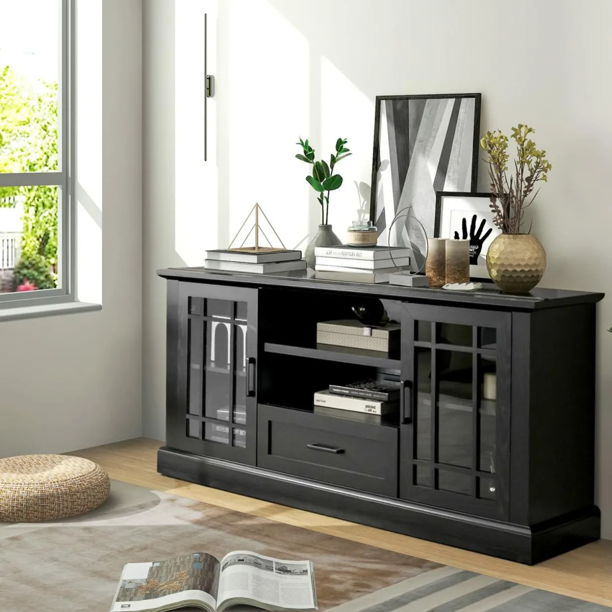 Tangkula Farmhouse TV Stand for TV up to 70 Inch, Tall Media Console Table with 2 Glass Doors