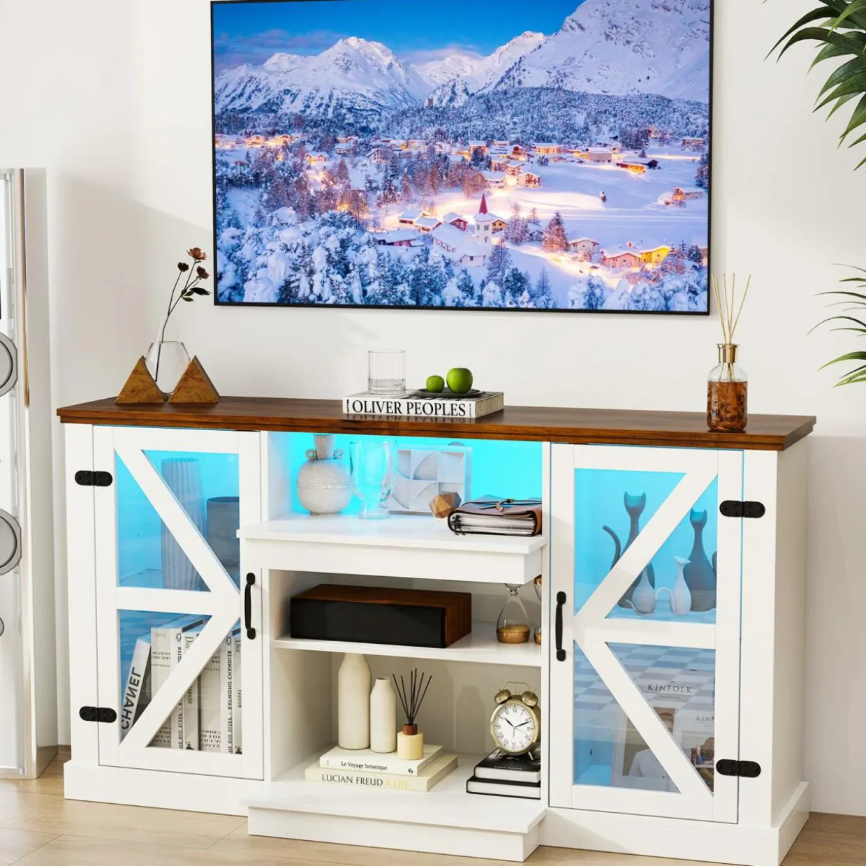 Tangkula Farmhouse TV Stand for TV up to 65 Inch, 58”L Tall Media Entertainment Center with 20 Color Led Lights