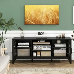Tangkula Farmhouse TV Stand for TVs Up to 65-in, Classic Media Entertainment Center w/Glass Door Cabinets & 4 Adjustable Shelves