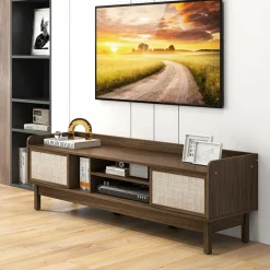 Tangkula Farmhouse TV Stand for TVs up to 65”, Mid Century Modern TV Console Table w/Storage (Walnut, 59”L, up to 65